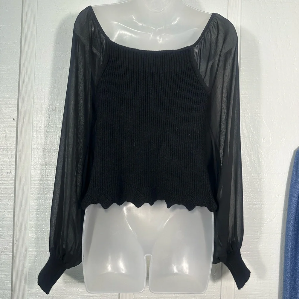 Sam Edelman Black Ribbed Shear Sleeve Sweater Size XL EUC